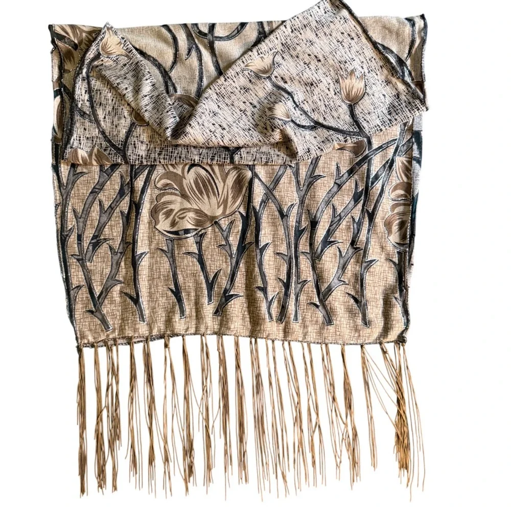 Elegant Floral Scarf Shawl Beige Brown Black Tassel Accent Statement Accessory‎